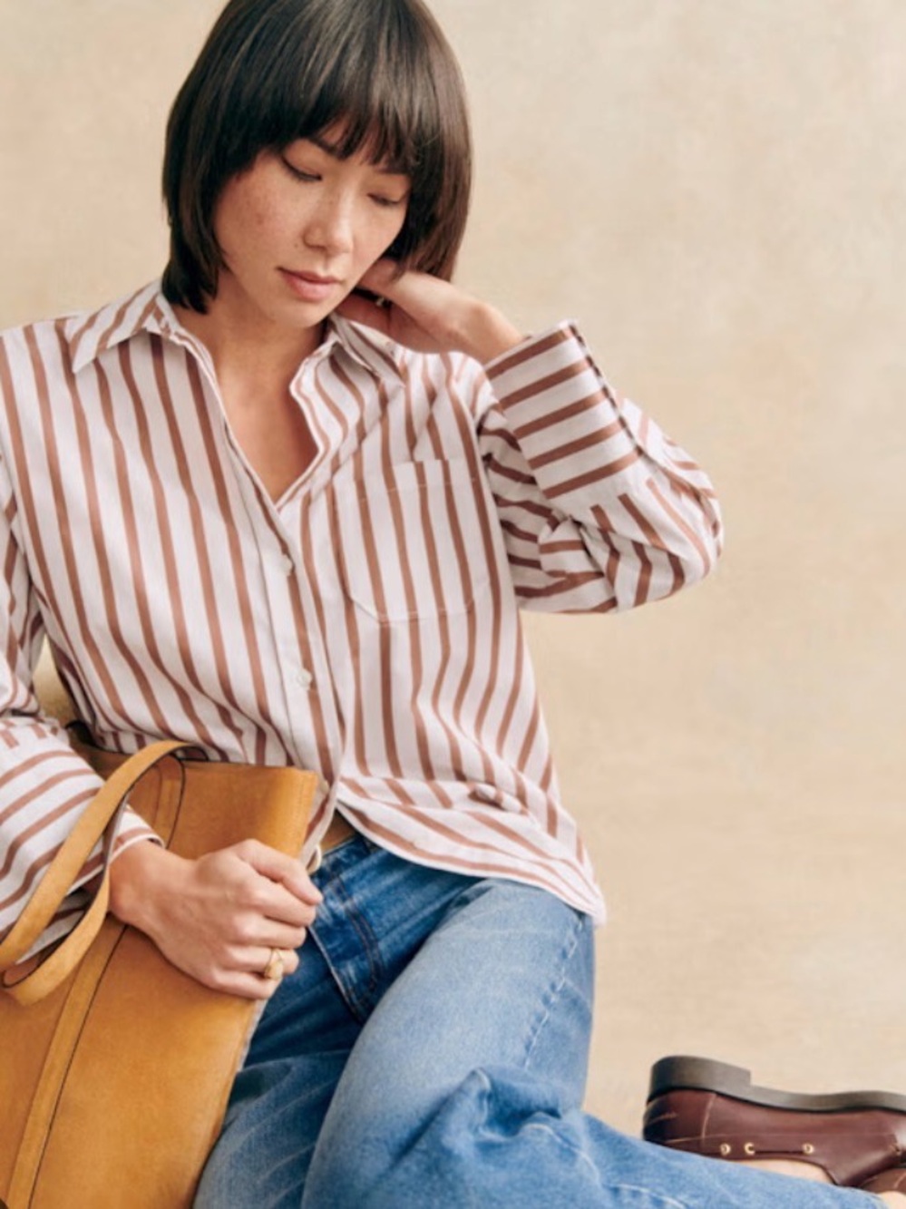 Sezane White and Brown Striped Button-Up Shirt size 2